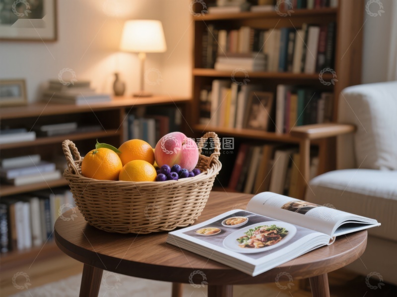 高清大图下载【趣麦麦图】温馨客厅中的水果篮与美食杂志