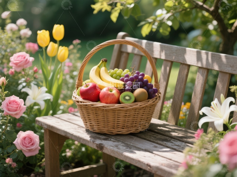 高清大图下载【趣麦麦图】花园长椅上的水果篮