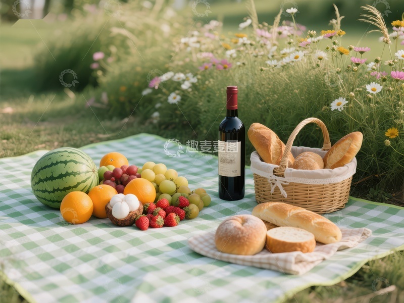 高清大图下载【趣麦麦图】野餐布上的美食与美酒