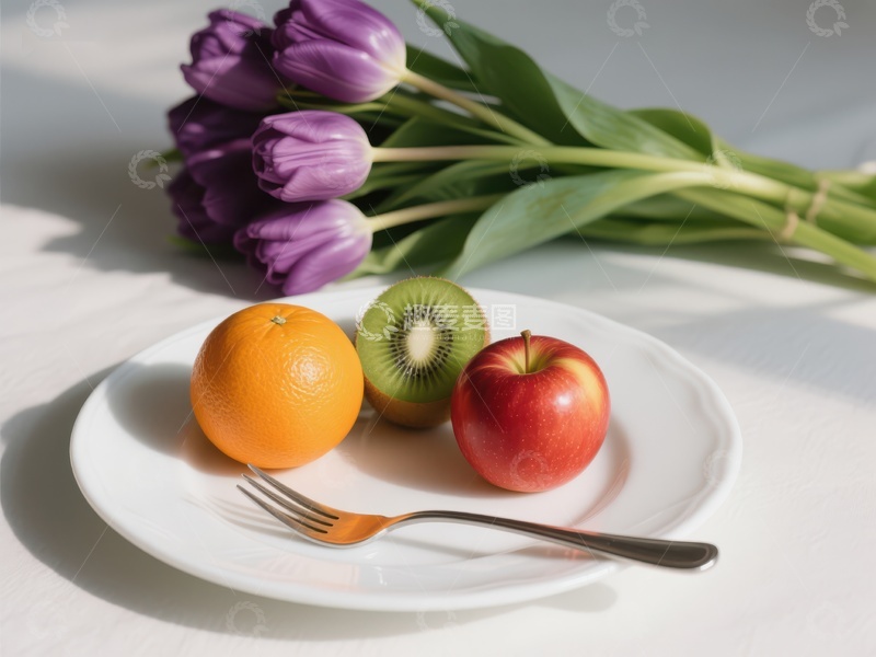 高清大图下载【趣麦麦图】水果盘与紫郁金香的静物组合