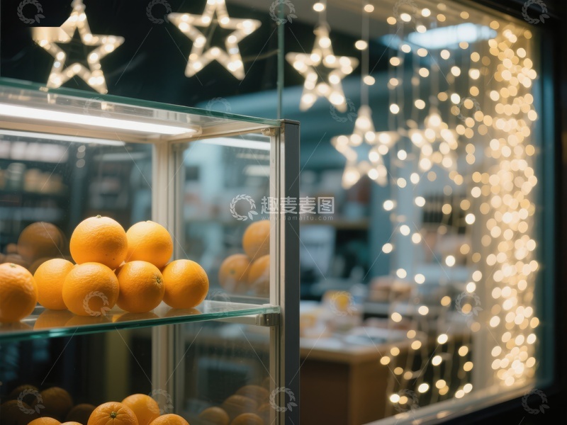 高清大图下载【趣麦麦图】橱窗里的橙子与节日灯光