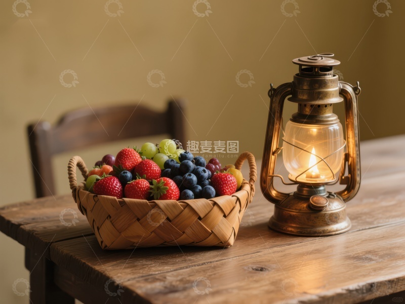 高清大图下载【趣麦麦图】复古油灯旁的水果篮