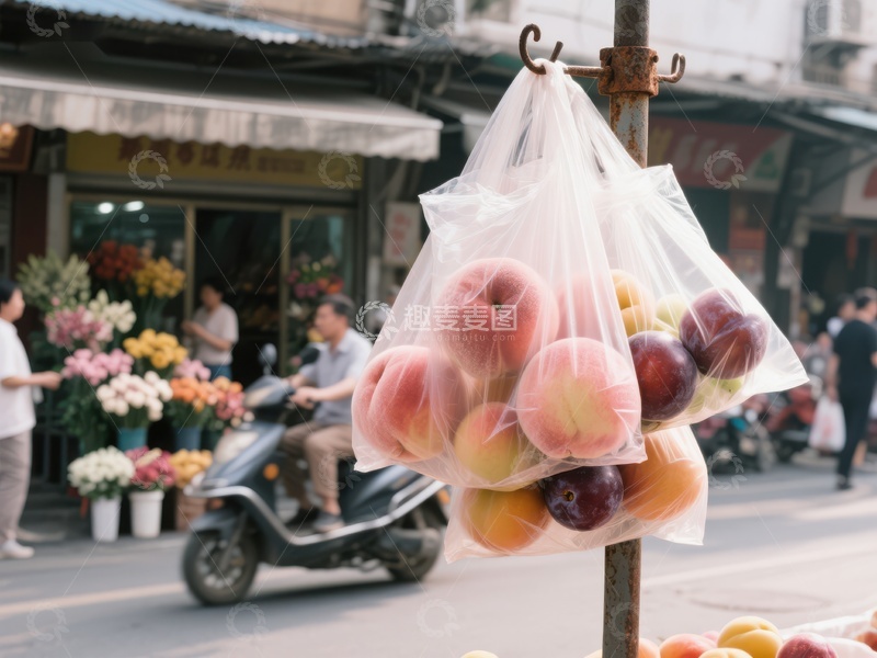 高清大图下载【趣麦麦图】街头塑料袋装苹果与行人