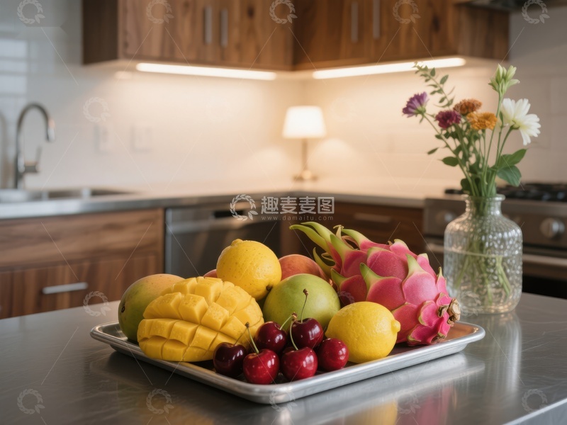 高清大图下载【趣麦麦图】厨房台面上的水果盘与花瓶