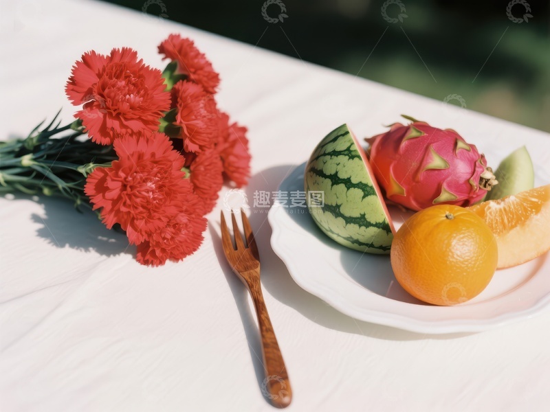 高清大图下载【趣麦麦图】鲜艳花朵与水果的静物组合