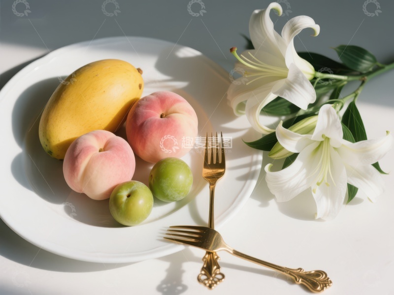 高清大图下载【趣麦麦图】水果与百合花的静物组合