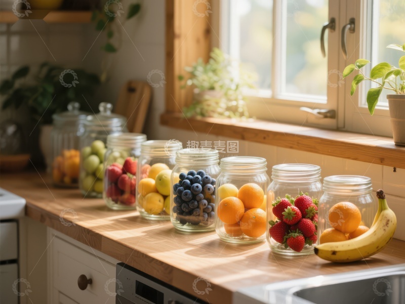高清大图下载【趣麦麦图】厨房窗台上的新鲜水果罐装展示