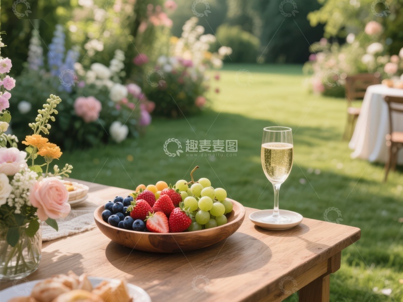 高清大图下载【趣麦麦图】花园野餐：水果与香槟的惬意时光