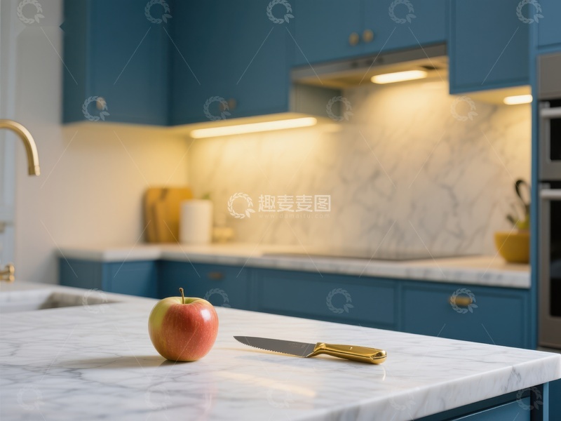 高清大图下载【趣麦麦图】现代厨房大理石台面与苹果刀具