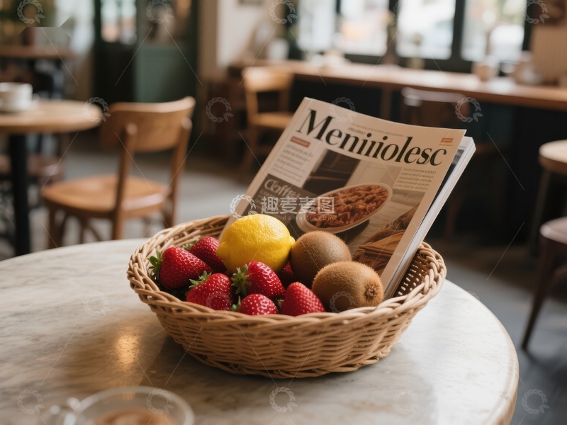 高清大图下载【趣麦麦图】水果篮与杂志静置餐桌