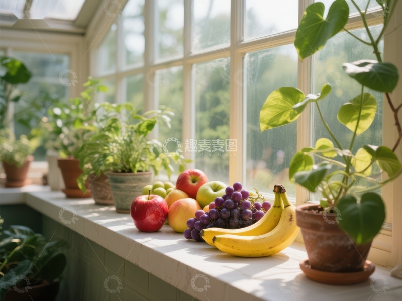 高清大图下载【趣麦麦图】窗台上的新鲜水果与绿植