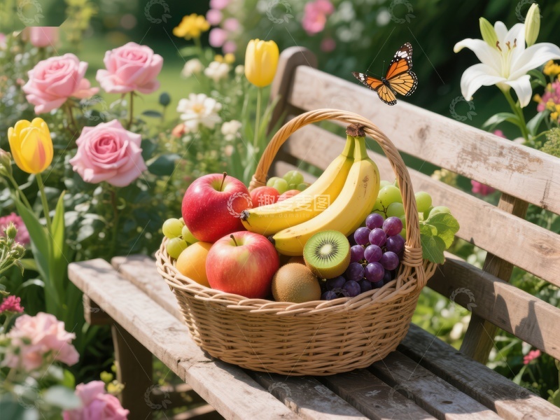 高清大图下载【趣麦麦图】花园长椅上的水果篮