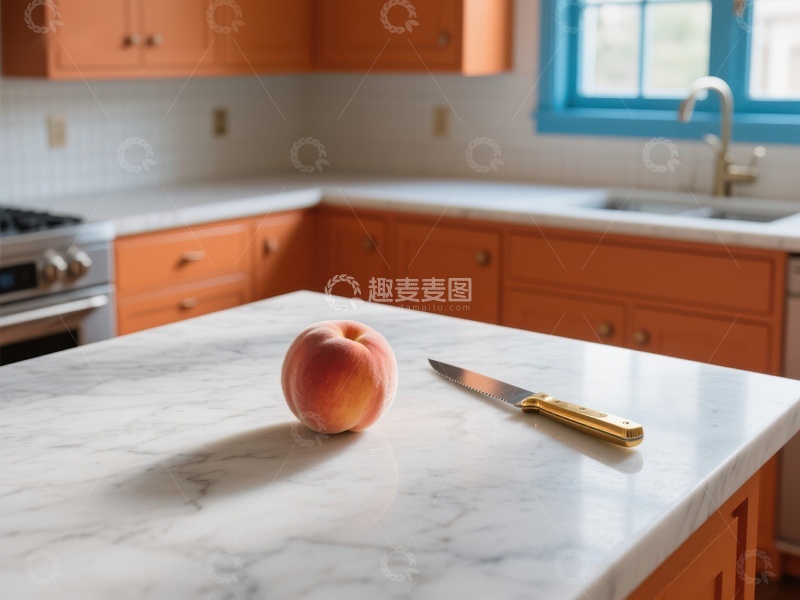 高清大图下载【趣麦麦图】厨房台面上的桃子与刀具
