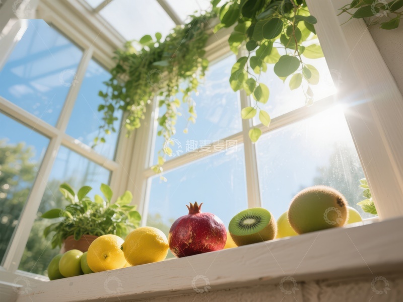 高清大图下载【趣麦麦图】窗台上的新鲜水果与绿植