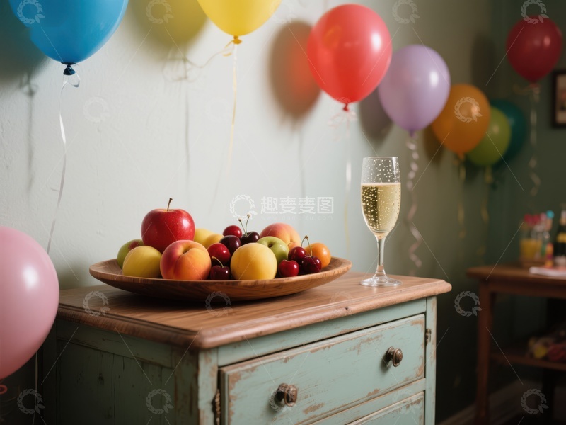 高清大图下载【趣麦麦图】水果盘与香槟庆祝场景