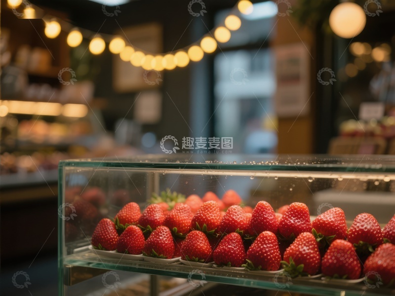 高清大图下载【趣麦麦图】新鲜草莓陈列于明亮烘焙店内