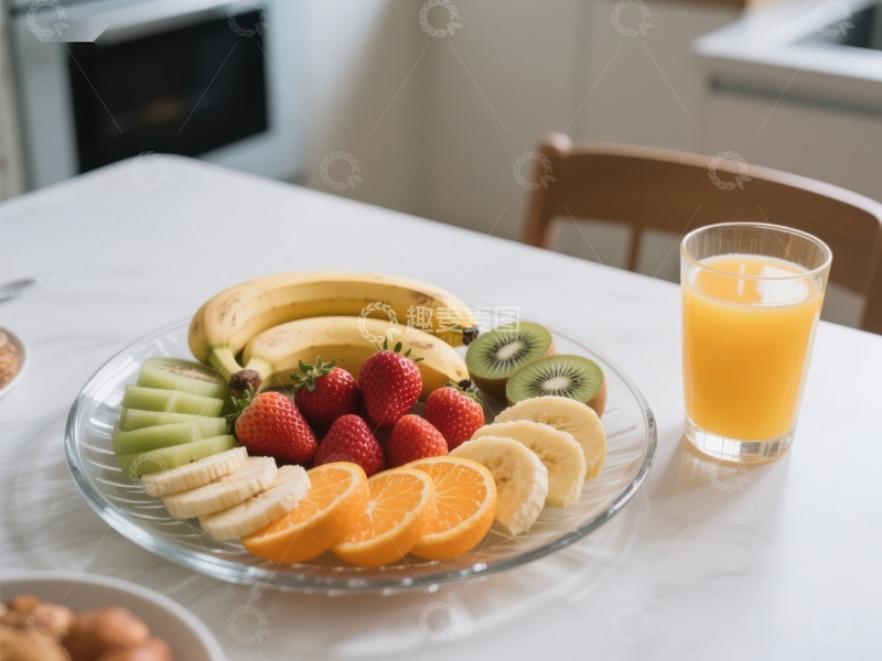 高清大图下载【趣麦麦图】新鲜水果拼盘与橙汁早餐