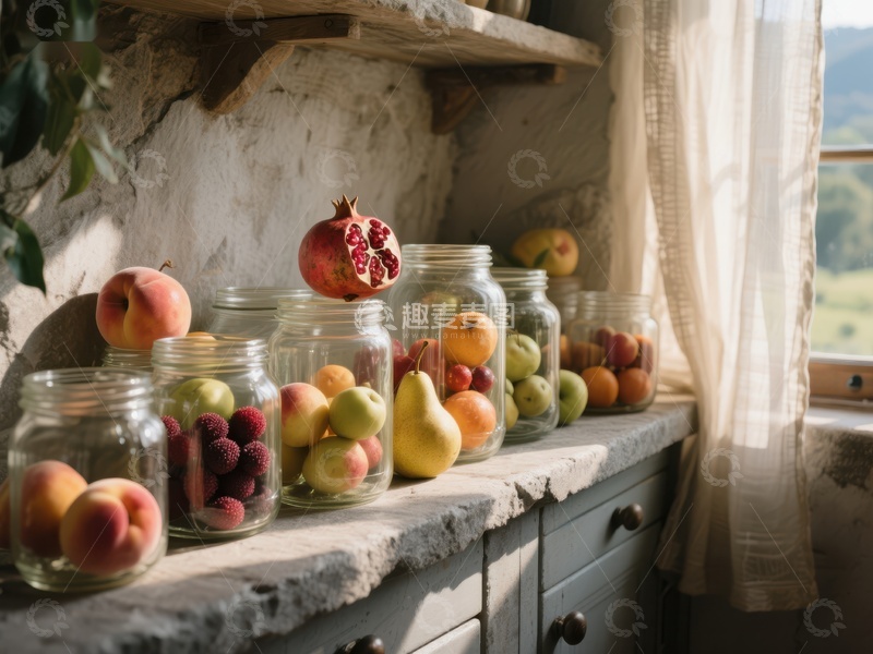 高清大图下载【趣麦麦图】窗台上的玻璃罐装水果