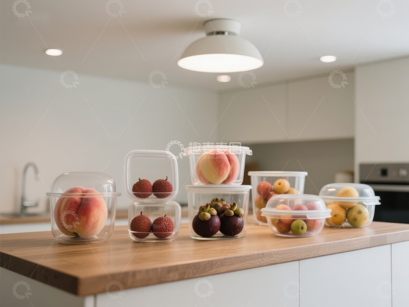 高清大图下载【趣麦麦图】厨房台面上整齐摆放的水果保鲜盒