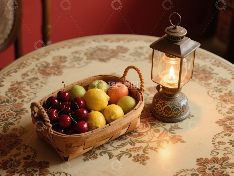 高清大图下载【趣麦麦图】复古油灯旁的水果篮