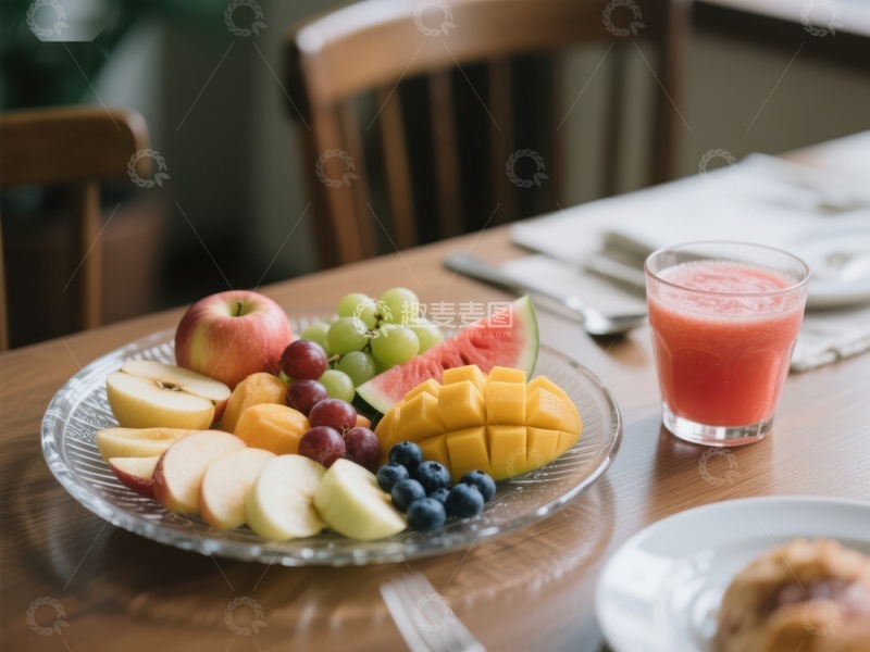 高清大图下载【趣麦麦图】新鲜水果拼盘与果汁早餐