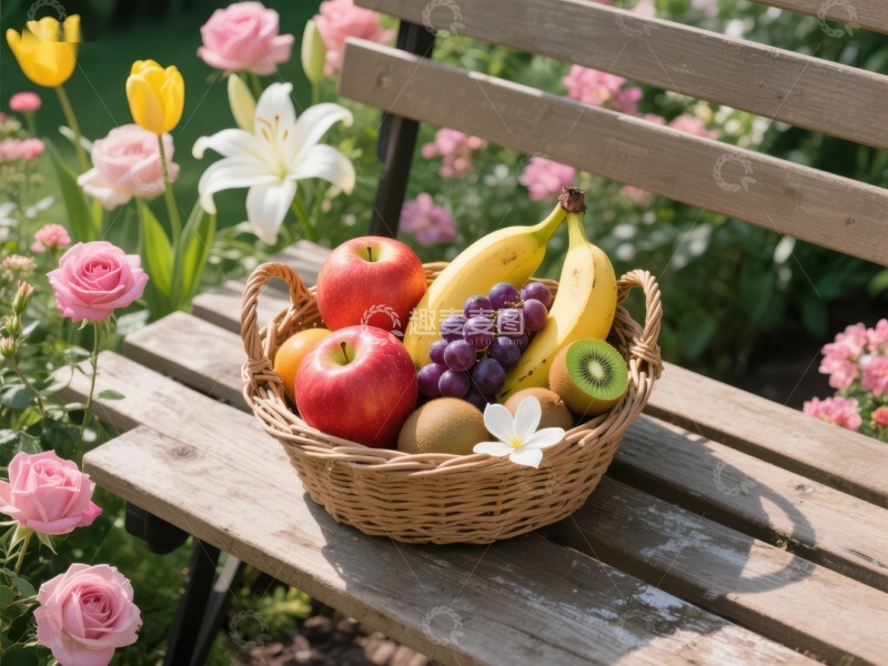 高清大图下载【趣麦麦图】花园长椅上的水果篮