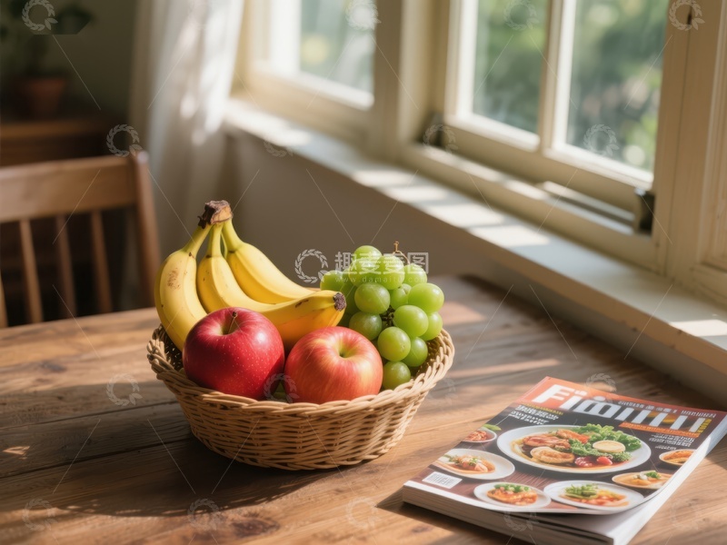 高清大图下载【趣麦麦图】窗边水果篮与美食杂志