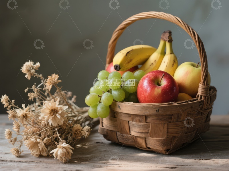 高清大图下载【趣麦麦图】篮子里的水果与干花