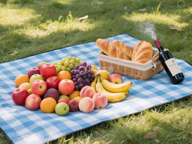 高清大图下载【趣麦麦图】户外野餐布上的水果面包与红酒