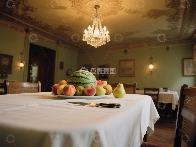 高清大图下载【趣麦麦图】餐桌上的水果与复古餐厅