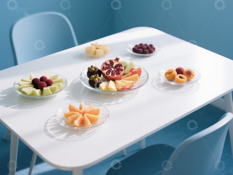 高清大图下载【趣麦麦图】色彩缤纷的水果拼盘摆放在白色桌面上