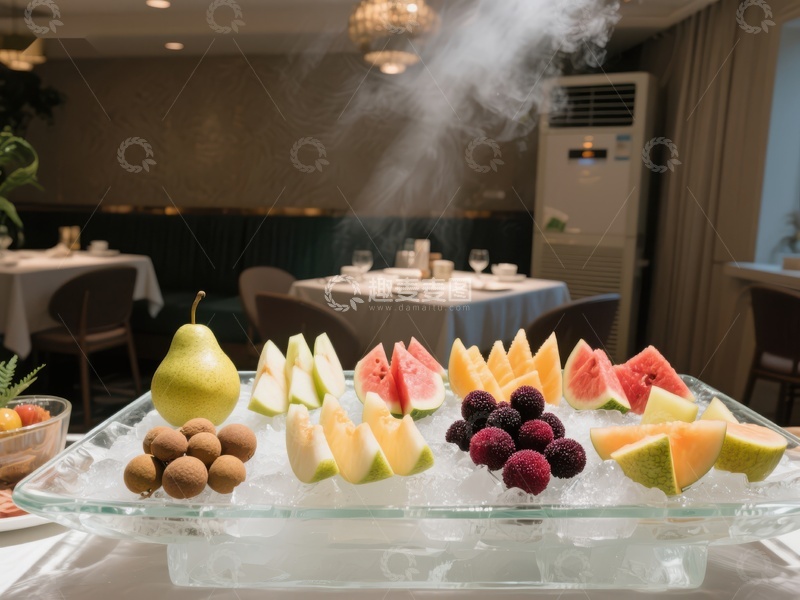 高清大图下载【趣麦麦图】冰镇水果拼盘，餐厅环境优雅
