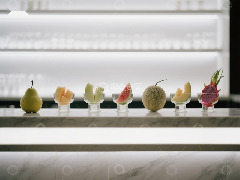 高清大图下载【趣麦麦图】水果切片展示在现代厨房台面上