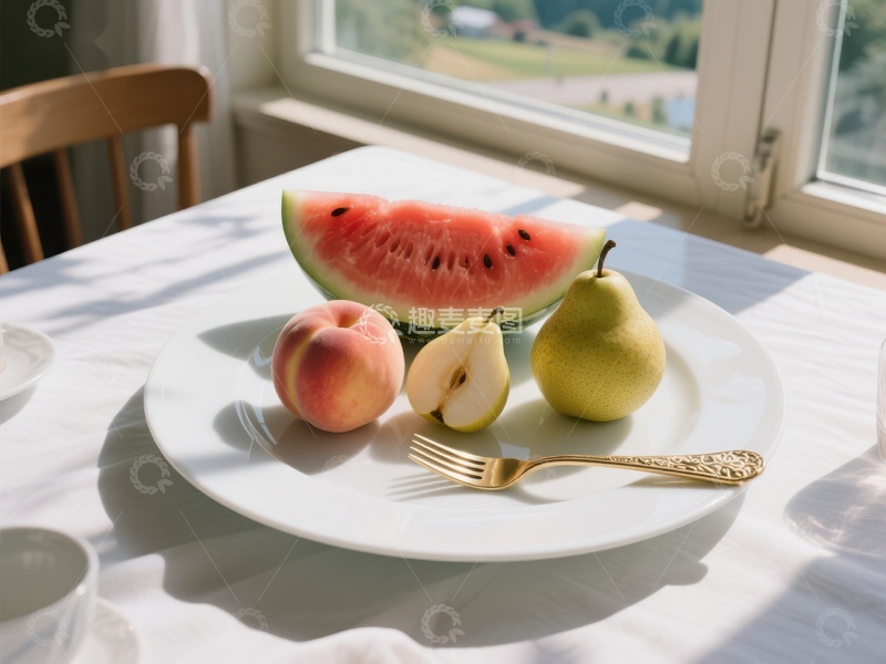 高清大图下载【趣麦麦图】夏日水果盘：西瓜、桃子与梨的清新组合