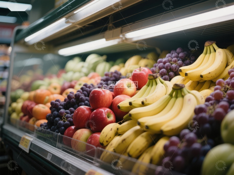 高清大图下载【趣麦麦图】超市水果区展示新鲜香蕉苹果葡萄