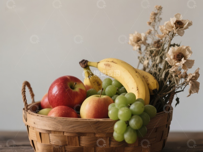 高清大图下载【趣麦麦图】篮子里的水果与干花