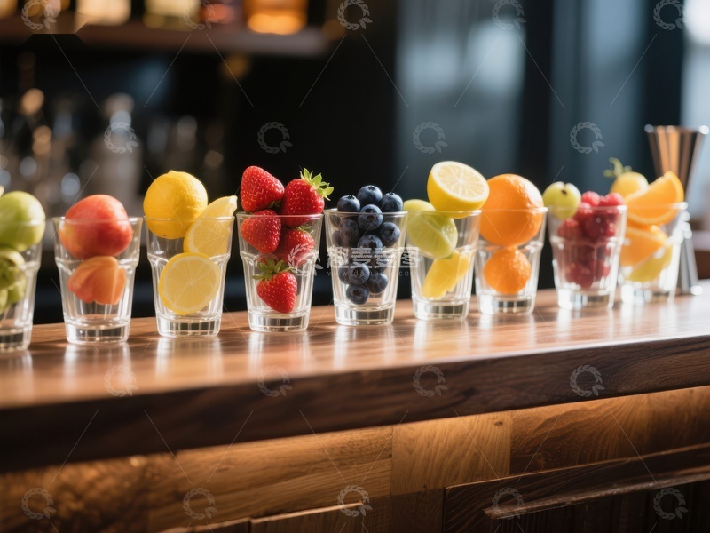高清大图下载【趣麦麦图】色彩缤纷的水果杯排列在吧台上