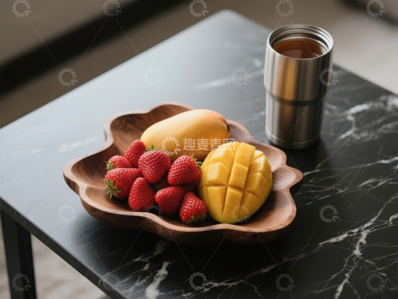 高清大图下载【趣麦麦图】水果拼盘与保温杯静置桌面