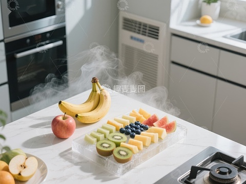厨房台面摆放新鲜水果与蒸气