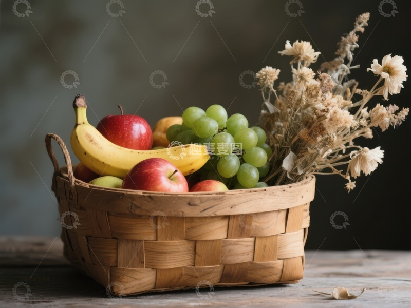 高清大图下载【趣麦麦图】水果篮与干花的静物组合