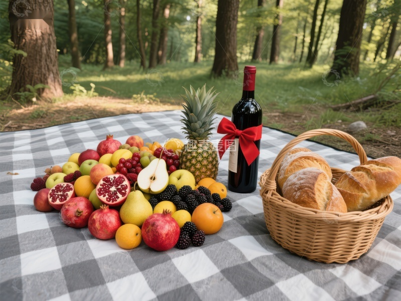 高清大图下载【趣麦麦图】林间野餐：水果面包与红酒