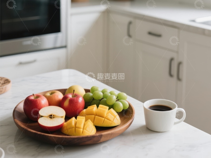高清大图下载【趣麦麦图】厨房台面上的水果拼盘与咖啡杯