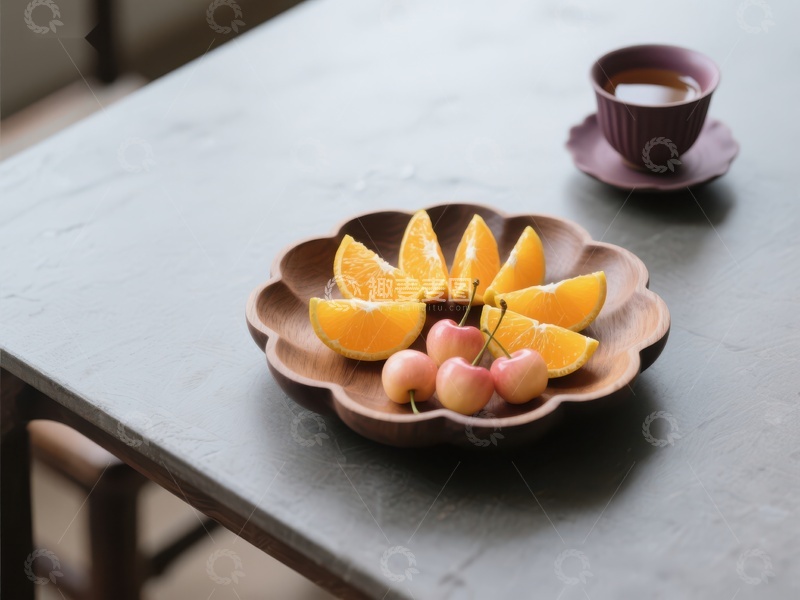 高清大图下载【趣麦麦图】木盘上的水果与茶杯