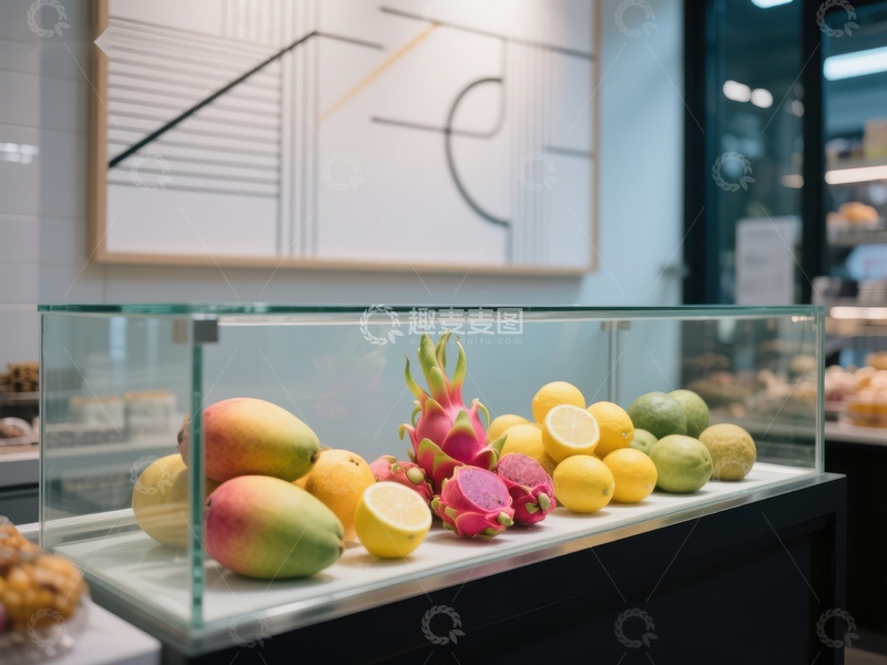 高清大图下载【趣麦麦图】新鲜水果陈列于现代玻璃展示柜