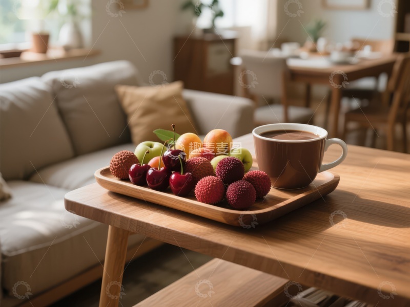 高清大图下载【趣麦麦图】温馨客厅中的水果与咖啡