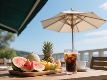 夏日户外餐桌上的水果与冷饮