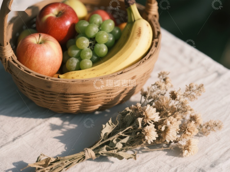 高清大图下载【趣麦麦图】篮子里的水果与干花