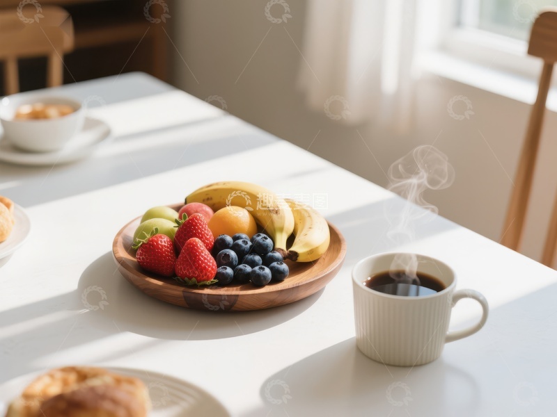 高清大图下载【趣麦麦图】早餐水果盘与热咖啡