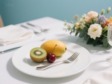 水果盘上的奇异果、樱桃与梨