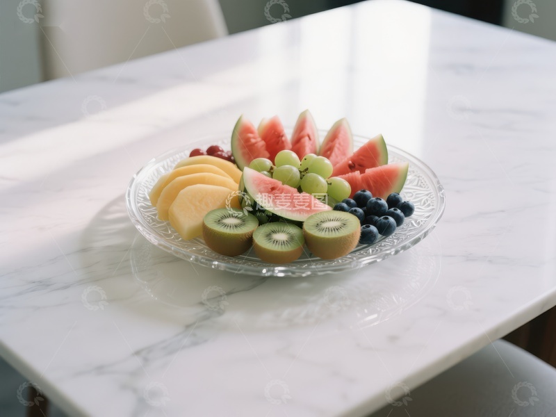 高清大图下载【趣麦麦图】新鲜水果拼盘，摆放在大理石桌上